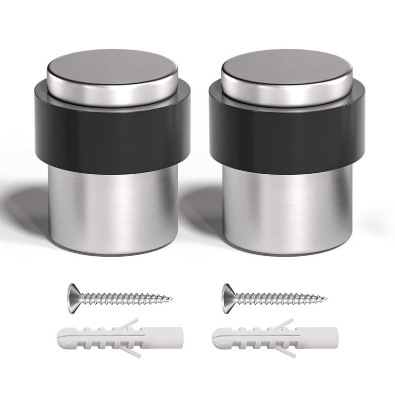 SANATO Nickel Cylindrical Floor Mounted Stainless Steel 304 Door Stop Door Stopper with Black Rubber  2 Pack - Image 1